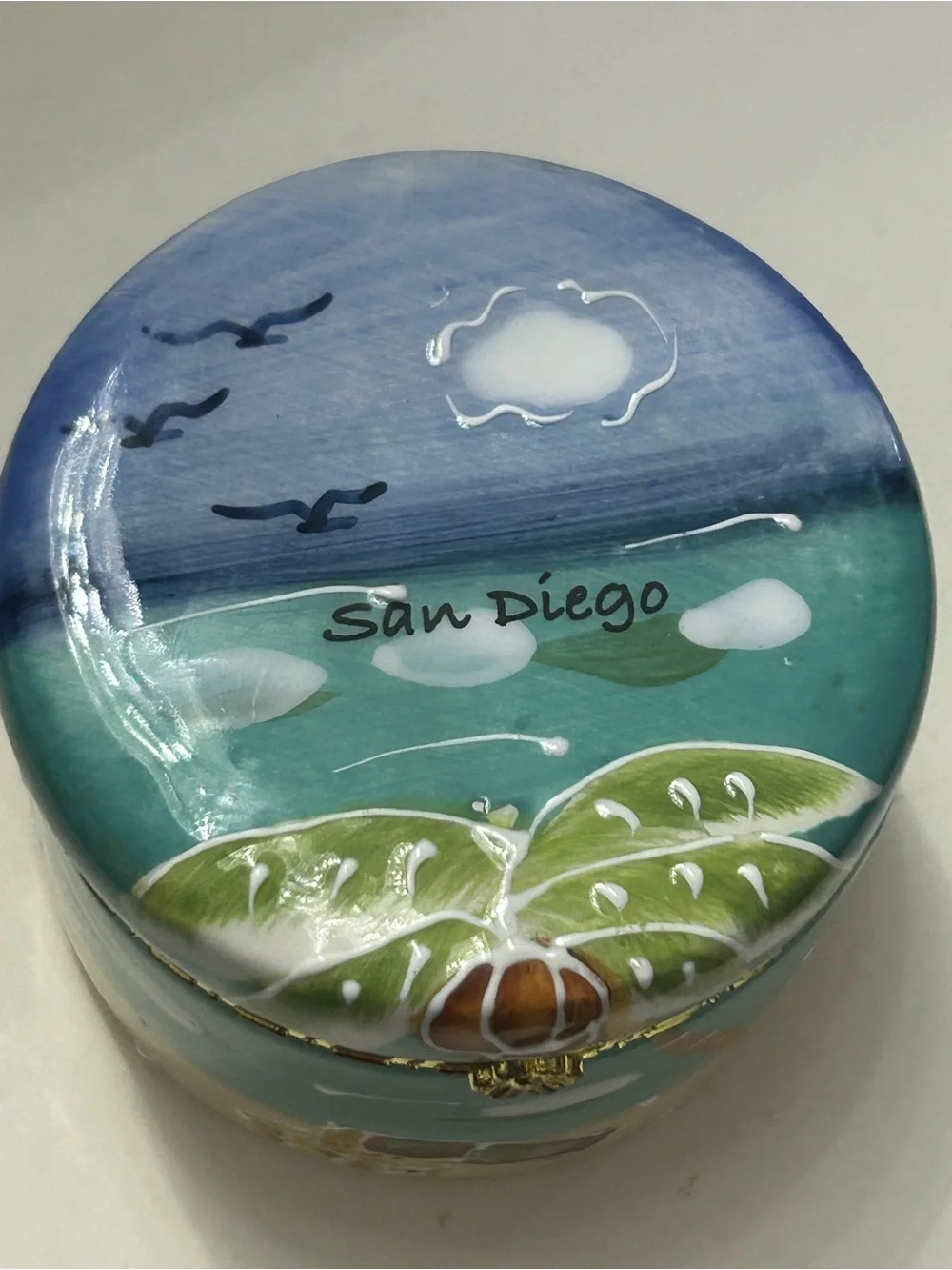 Vintage Trinket Box Hand-Painted Ceramic Coastal Beach Palm Design San Diego